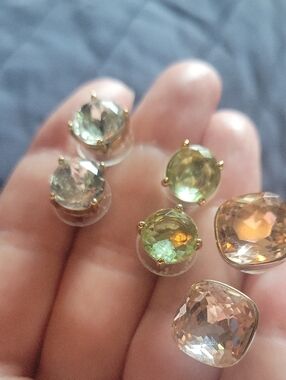Set Of 3 Earrings.  Gold-Setting Green and Champagne Crystal Stud Earring Set